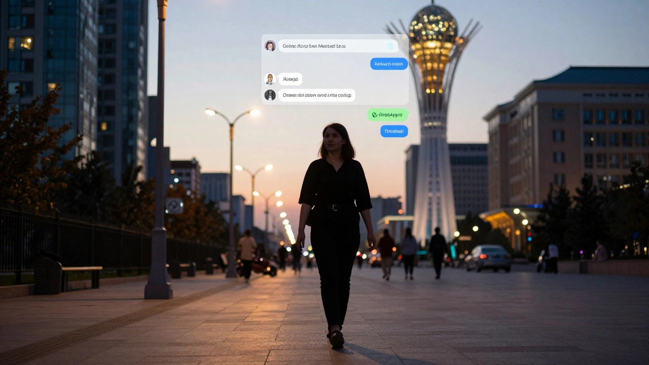 Женщина в районе Нур-Ата, Астана, в сумерках, вокруг — полупрозрачные значки мессенджеров.